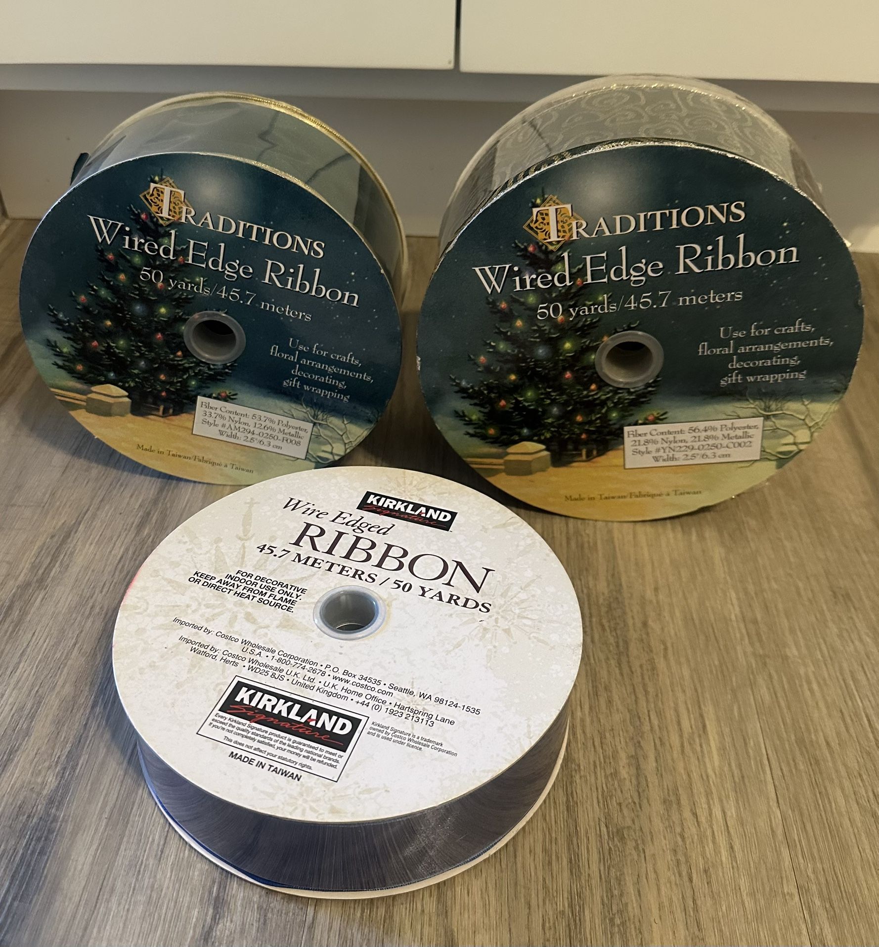 Gold Striped Wired Edge and green Christmas Ribbon 50 Yards x 2.5" Blue ribbon 50 yards x 1.5 NEW