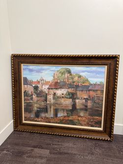 Large Vintage Framed Oil Painting – European Riverfront Village (50" x 39")
