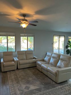 White Leather Couch Set. Power Sofa, Loveseat, & Recliner