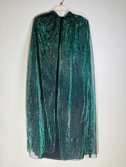Halloween Costume Green Metallic Spiderweb Hooded Long Cape
