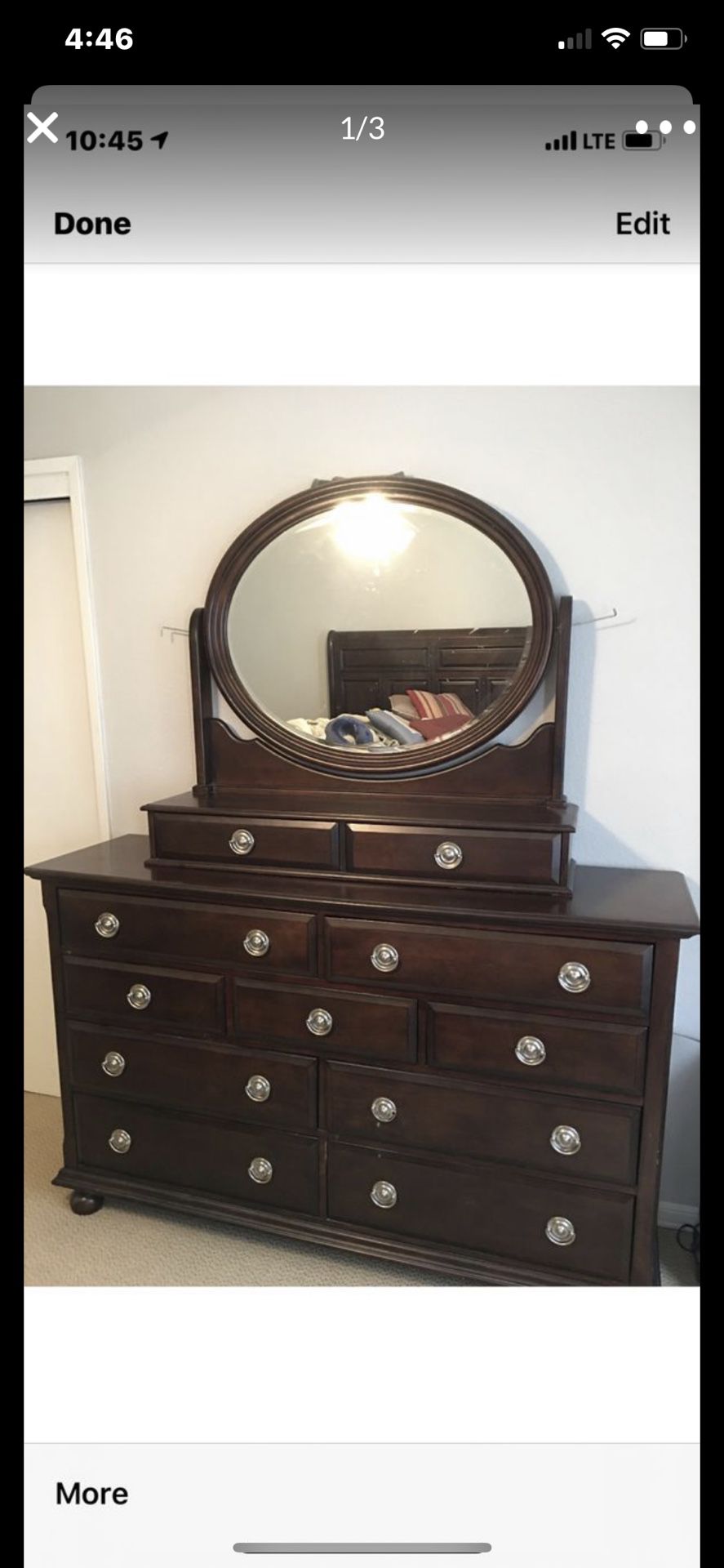 Beautiful dark brown & soft headboard complete with mattresses and dresser $400 cash only