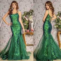 New With Tags Deep Green Glitter Corset Bodice Long Formal Dress & Prom Dress $259
