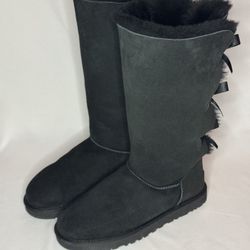 UGG Bailey Bow Tall II Triple Black Suede Fur Boots Women's Size 11