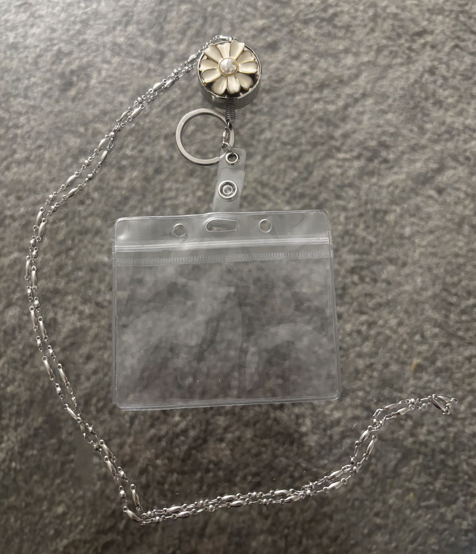 Necklace Lanyard ID Badge/Key Holder Silver Stainless Steel Chain White Daisy