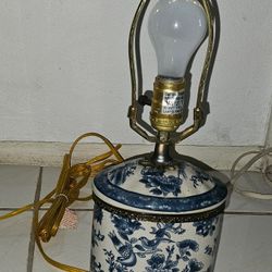 Antique Chinese Table Lamp Porcelain White and Blue Floral and Birds Brass Stand H17" W6.5" D4.5"
