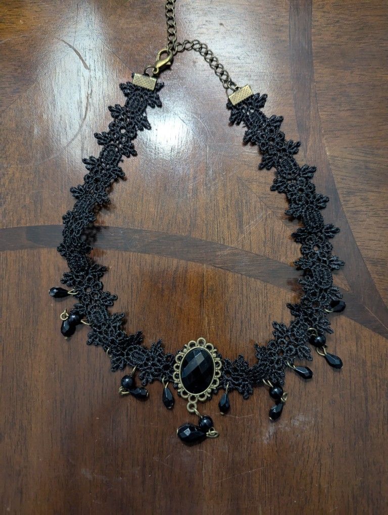 Black Lace Choker With Black Bead