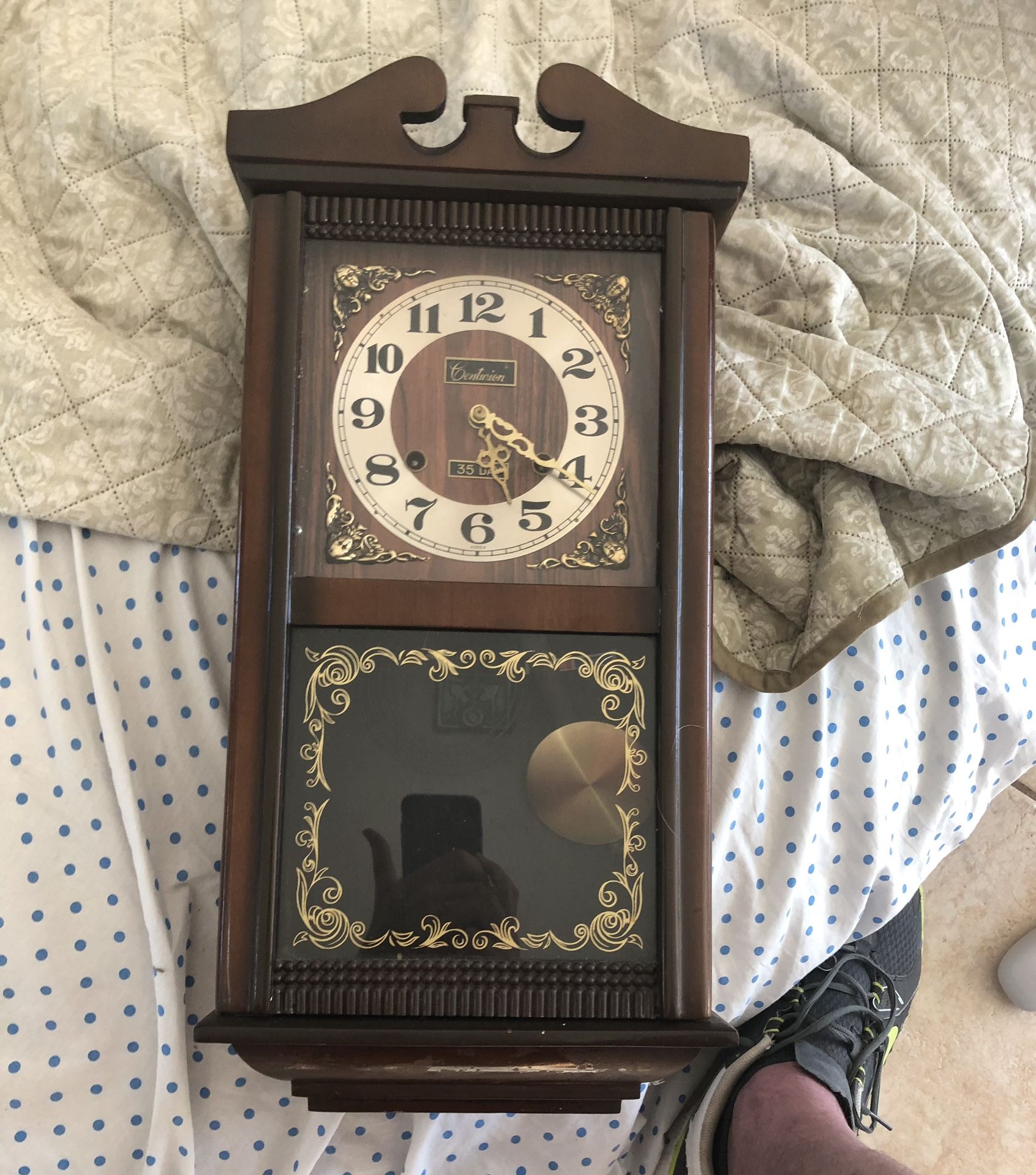 Vintage Centurion 35 Day Wind Up Wall Clock With Key. (Over 30 years Old). ANTIQUE GRANDFATHER WALL CLOCK. LIKE NEW