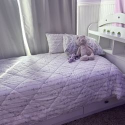 White Twin Bed W/ Bookcase Headboard & 3 Storage Drawers Underneath