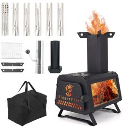 Portable Wood Burning Stove, Camping Wood Stove with Glass Window, Hot Tent Stove with 7 Chimney Pipes & X-shaped Pot Holder for Outdoor Heating, Cook