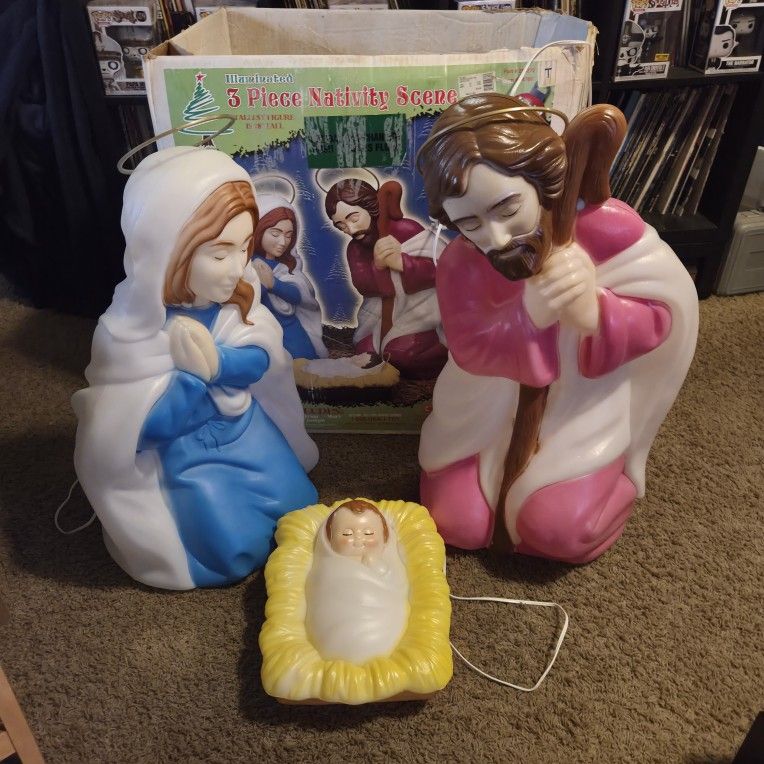 Vtg Empire 3 Piece Nativity Scene 28"  Blow Mold Illuminated Baby Jesus, Mary, Joseph 