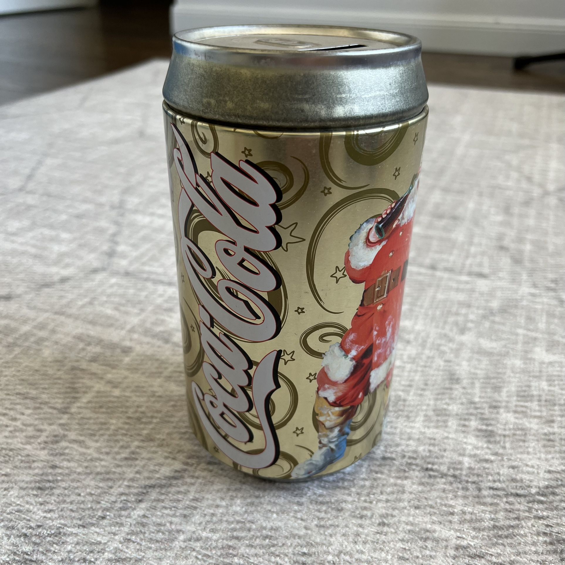 Vintage 2000s Y2K Coca-Cola Coke Can Santa Christmas Metal Gold Coin Bank Can