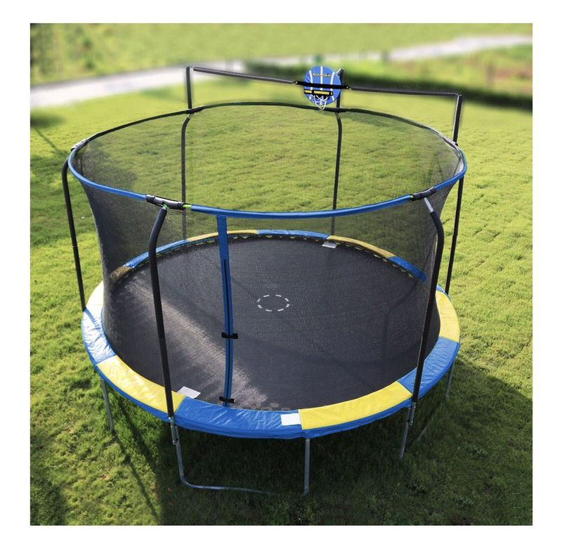 Bounce Pro 14ft Trampoline with Enclosure and Basketball Hoop, blue/yellow, TodaySPECIAL!