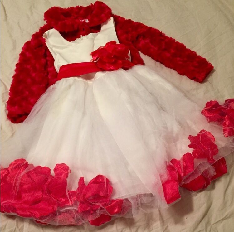 NWOT 2T - 3T (Size 2 -3) White Tulle Formal Dress w/ Red Flower Petals