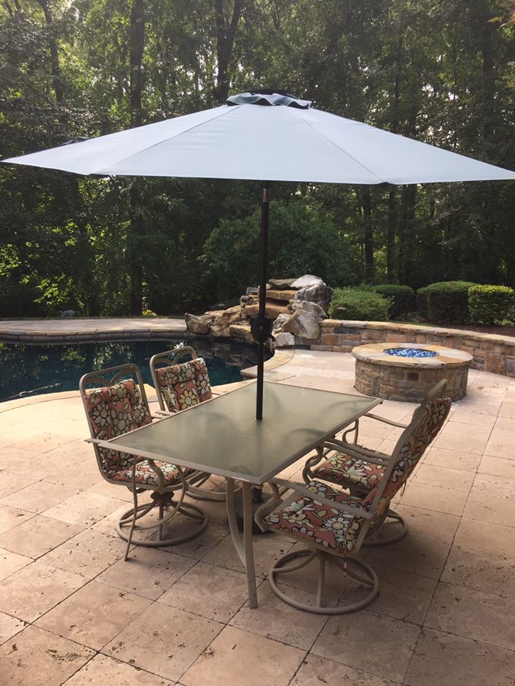 Brand New Solar Powered Umbrella with Bluetooth Speaker And Lighting With Used Outdoor Table And 4 Chairs With 4 New Matching Cushions