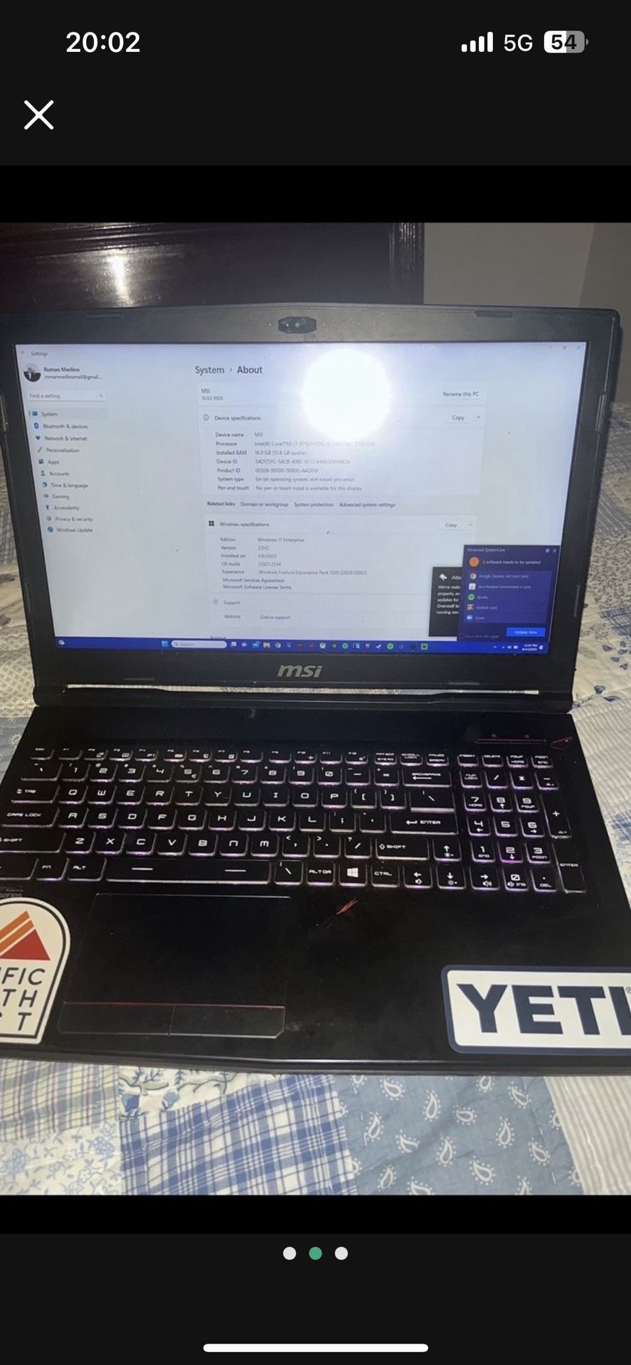 MSI gaming laptop, Rx 2060 + 16gb DDR4 RAM