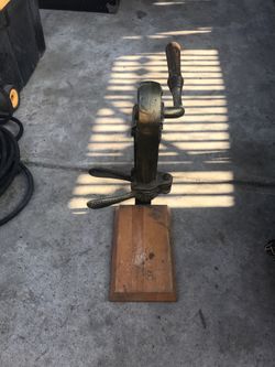 State antique brass table top wine botle opener with wood stand vintage