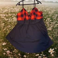 New Black & Red Plaid Lace Up Tunic  Shirt Top L XL