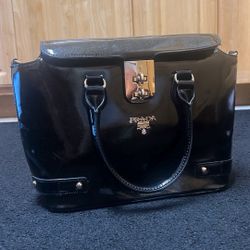 Beautiful Black Glossy Ombré Patent Leather Prada Milano Bag With Gold Push-Lock Closure Shiny Tote Bag With Dual Top Handles. 