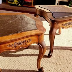 2 Matching Inlaid Slate Antique End Tables 