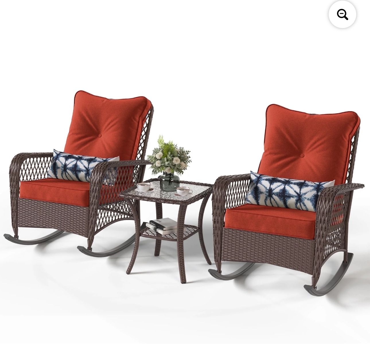 Poteban 3-Piece Outdoor Rocking Chairs, Brown Wicker Patio Furniture with Thickened Cushions and Table for Porch (Wine Red)