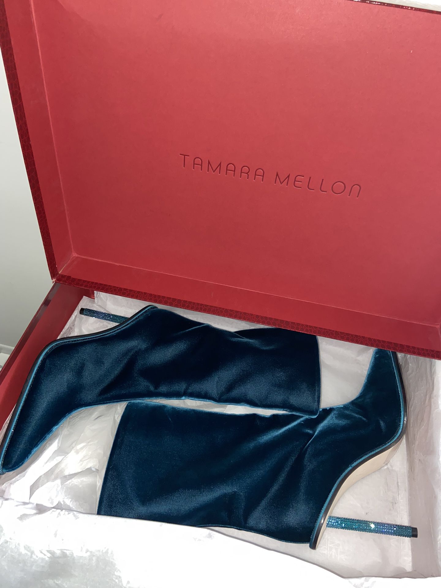 Tamara Mellon Galaxy Blue Velvet Swarovski Crystal Embellished Boots