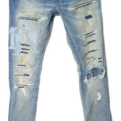 Amiri Men's Staggered Logo Skinny Jeans Light Blue Denim Size 29, 45 IT