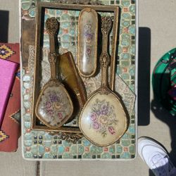 Vintage Brass Filigree Vanity Set