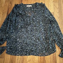 Size medium blue floral blouse with ruffle sleeves and neckline
