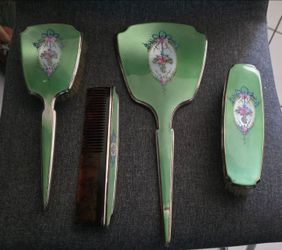 Sterling silver Vintage Green Enamel Vanity Set 4 Pieces