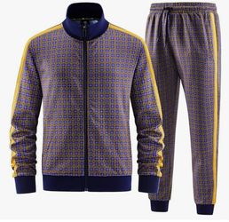 2-Piece Men’s Geometric Tracksuit Set – Jacket & Joggers (Blue/Gold/Grid)