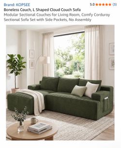 Brand New KOPSEE L-Shaped Cloud Couch – $250  Beautiful dark green corduroy sectional sofa with a left-facing chaise.