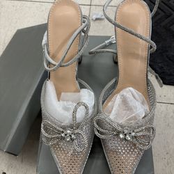 Silver rhinestone bow heels