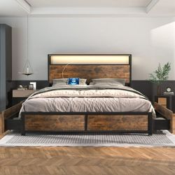 New King Bed Base with Charging Station and LED Lights, Metal Bed Frame with 4 Storage Drawers and Headboard, No Box Spring Needed, Easy Assembly, No 