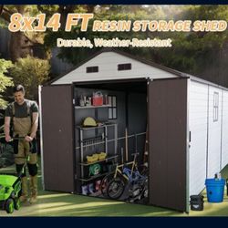 8x14x7.6 Ft Outdoor Resin Storage Shed with Windows, Strong Aluminum Frame & Floor for Garden, Backyard Organization (White+Brown)(W2556S00013)