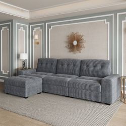 New Large 133.9" Gray Corduroy Tufted Wide 3 Seat Sofa & Ottoman- Solid Wood Frame
