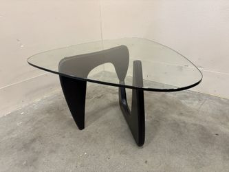Contemporary Noguchi Style Glass Top Coffee Table with Black Interlocking Wooden Base