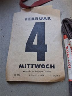 RARE "WEDNESDAY FEBRUARY 4 1959" German Antique Calendar Sheet Vintage Historical Collectibles...asking $5.00