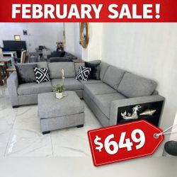 Boucle fabric sectional sofa with ottoman  