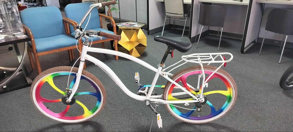 26 inch all white Beach Cruiser Bicycle with rainbow wheels