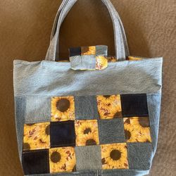 Denim Upcycled Tote Bag Sunflower Handmade