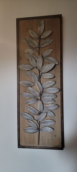 Embossed Metal Leaves on Wood Wall Décor