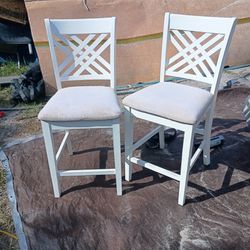 2 Exquisite Bar Height Bar Stools White Wood Finish With Gray Cushion Fabric
