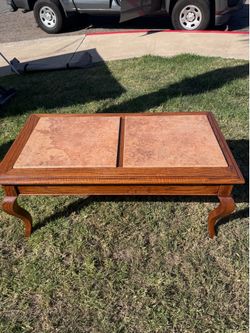 Refinished Solid Oak Coffee Table with Marble Inserts