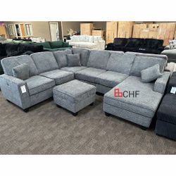 Chenille fabric sectional sofa with ottoman 