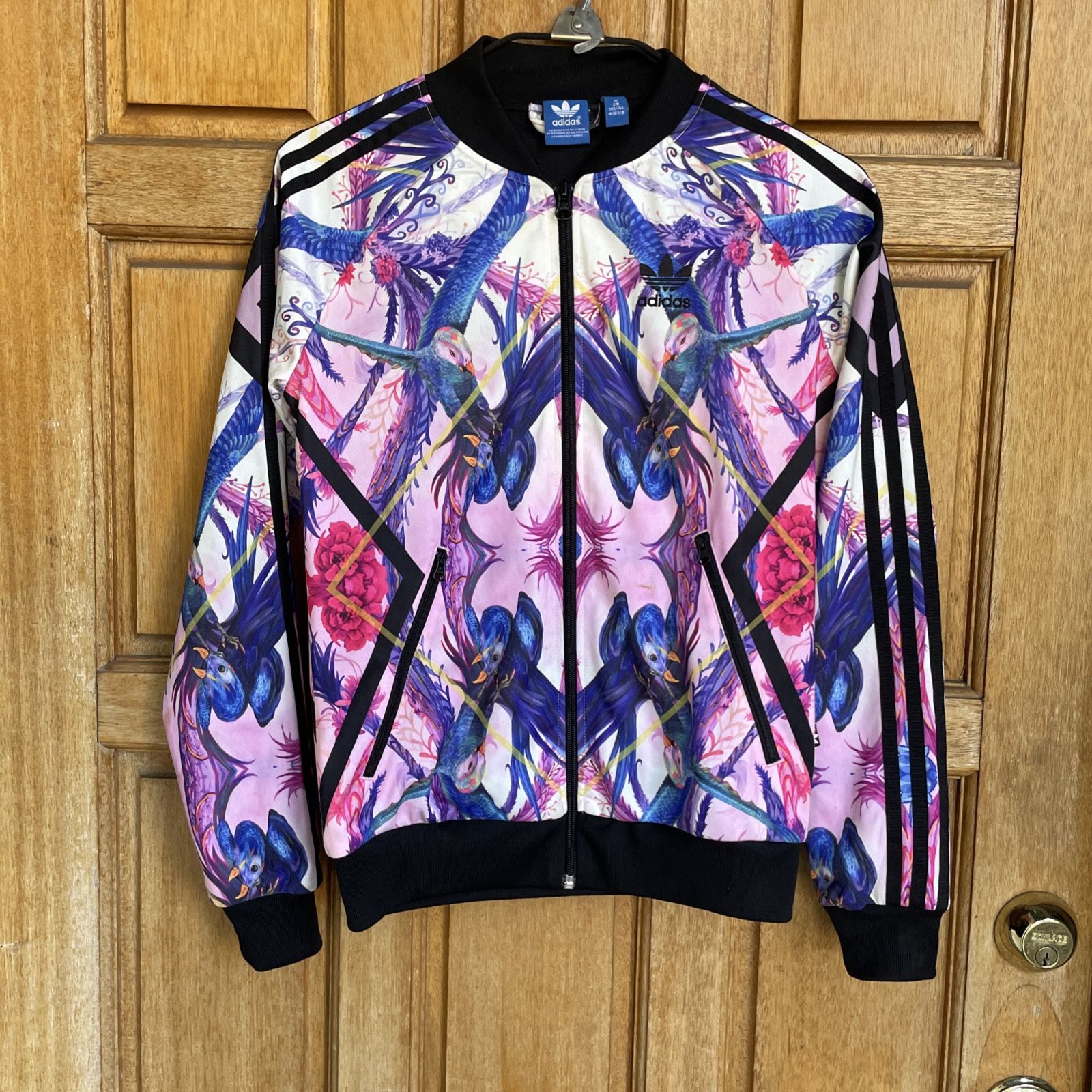 Adidas Womens  Pink Floral Bird Trefoil Track Jacket Size 32 XS