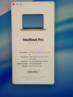 I9 MacBook Pro 64 GB of Ram 8TB hard Drive 5500 Radeon pro