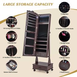 Costway Rolling Floor Standing Mirrored Jewelry Armoire with Lock and Drawers