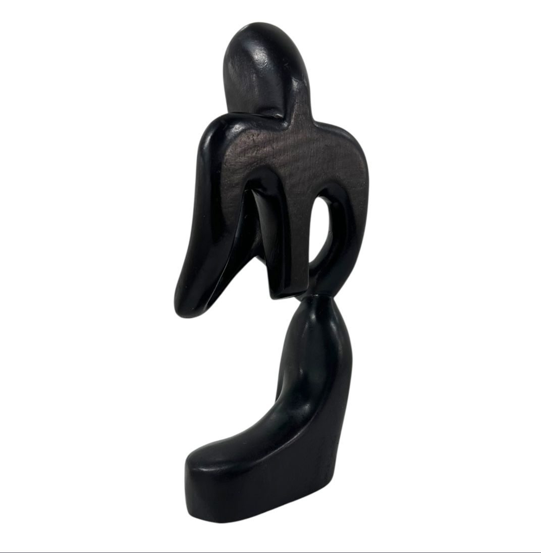 Abstract Minimalist Black Wood Carved Praying Figure Meditation Yoga Zen Decor