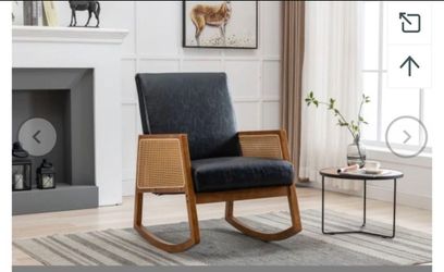 NEW Modern Comfy Upholstered Black Faux Leather Glider Rocker Armchair with Rattan Arms