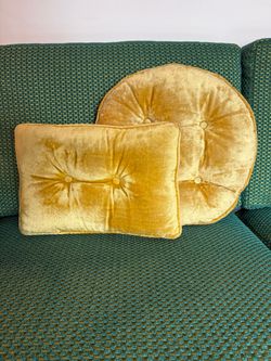 Pair Vintage MCM Mid Century Gold Velvet Tufted Button Throw Pillows